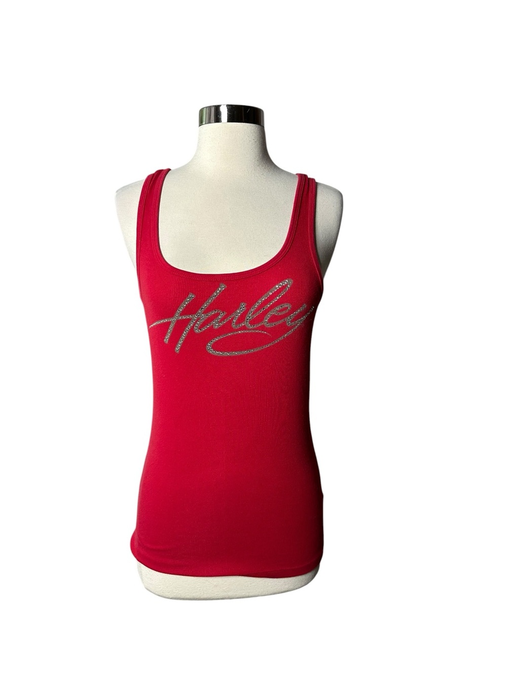 Harley-Davidson Red Ribbed Rhinestone Script Tank Top Y2K 2010 Vintage Large